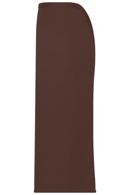 A long brown apron with a sleek design and curved edges, featuring a logo on the side.