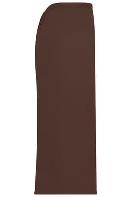 A long brown apron featuring a simple design. The apron has no visible text and includes a branding logo.