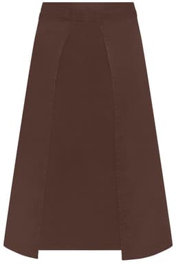 A brown apron with a flared design, featuring panels and a waistband. The product includes a logo.