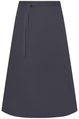 A dark grey apron with a waist tie, featuring a simple design and a branding logo.