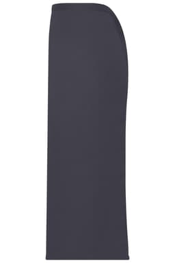 A long, dark grey apron has a simple, smooth design and features a logo.