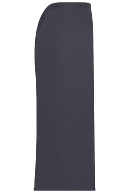 A long, dark grey apron with a smooth texture and slight curve at the top. It features a logo.