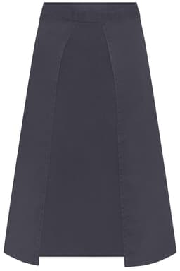 A dark grey apron with a flat waistband and a minimalist design, featuring a logo.
