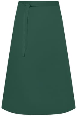 A green apron with a tie belt, featuring a simple design and a straight cut, suitable for workwear.