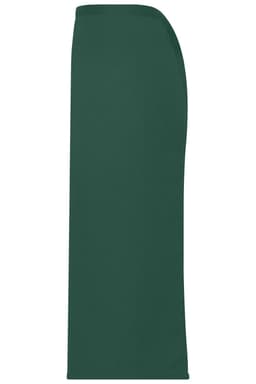 A long green apron with a simple design, featuring smooth, flowing fabric and a side view profile.