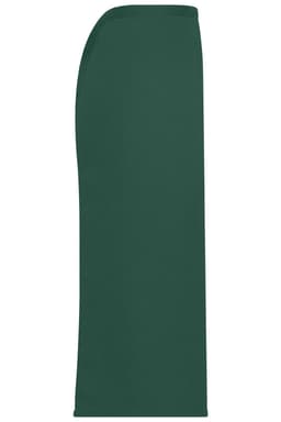 A long green apron with a sleek design, featuring a logo on the fabric.