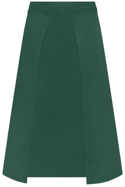 A dark green apron with a structured design, featuring two side panels and a waistband. It has a logo.