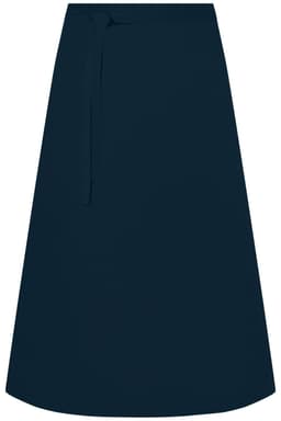 A dark navy apron with a tie waist, featuring a simple, sleek design. It has a logo on the fabric.