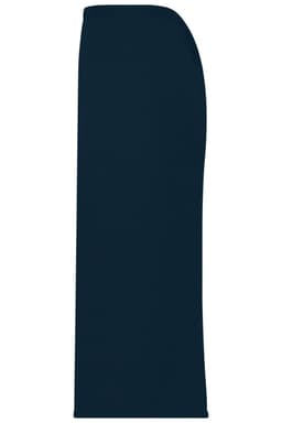 A dark navy apron with a smooth, streamlined design, featuring a logo at the top.
