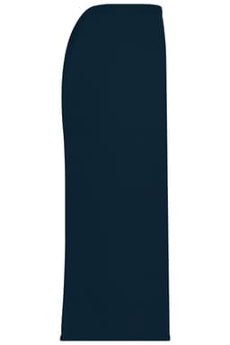 A long navy apron with a smooth finish and a curved top edge, featuring a logo.