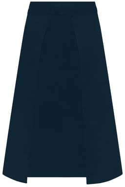 A navy blue apron with a straight cut and side slits. It features a branding logo.