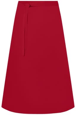 A red apron featuring a tie waistband, designed for workwear use. It has a plain design with no visible logos.