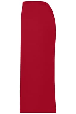 A red apron with a long design, featuring a sleek and smooth silhouette. It includes a logo.