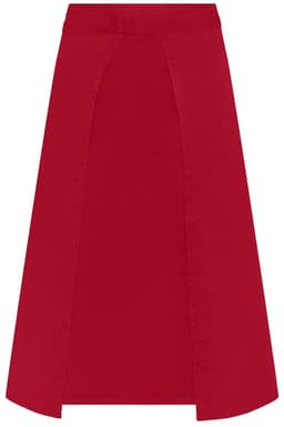 A red apron with a long design and a simple structure, featuring a logo.
