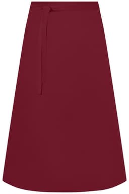 A long burgundy apron with a waist tie and a plain design. It features a logo but no visible text.