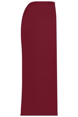 A long burgundy apron, featuring a simple design with an unobtrusive logo.