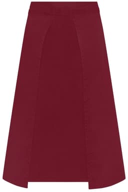 A burgundy apron with a wide, knee-length design and a plain texture. It features a logo at the top.