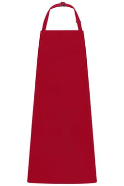 A red apron with a bib and an adjustable neck strap. It features a logo.