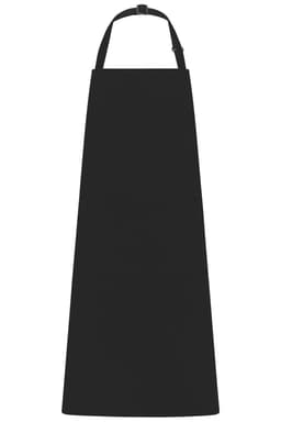A black apron with a bib and neck strap, featuring a logo. Suitable for workwear purposes.