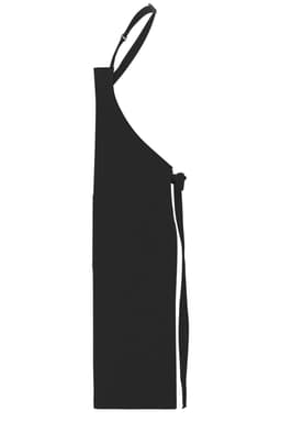 A black apron with a bib, featuring a strap and waist ties. It has a simple design and includes a branding logo.