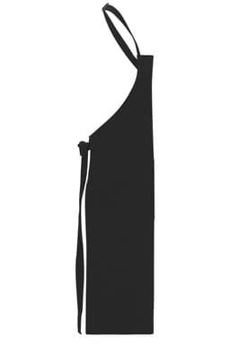 A black apron with a bib and adjustable straps, featuring a side tie for securing.