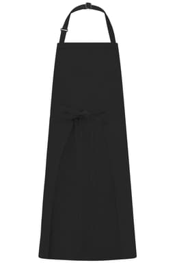 A black apron with a bib design and a waist tie, featuring adjustable straps and a simple style.