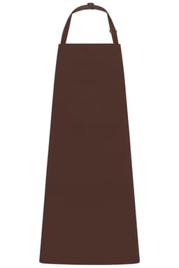 A brown apron with a bib and an adjustable neck strap, featuring a front pocket.