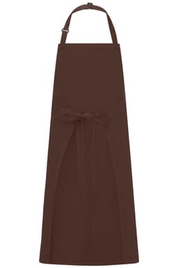 A brown apron with a bib and adjustable strap, featuring a tie at the waist. It includes a logo.