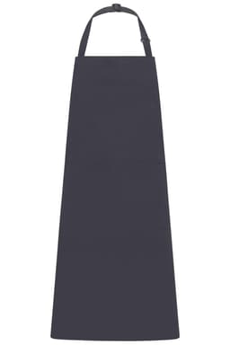 A dark grey apron with a bib and two front pockets, featuring an adjustable neck strap and a branding logo.