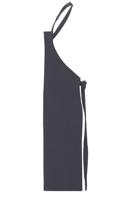 A dark grey apron with a bib, featuring an adjustable neck strap and a tie waist. It has a simple design.