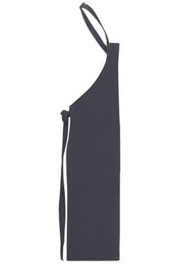 A dark grey apron with a bib design, featuring a side pocket and adjustable neck straps.