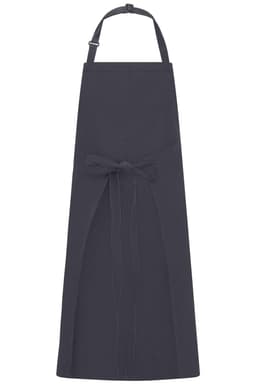 A dark grey apron with a bib and a waist tie, featuring a simple design and adjustable neck strap.