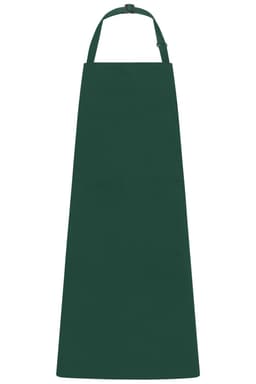 A green apron with a bib, featuring a logo and a neck strap for adjustable fit.
