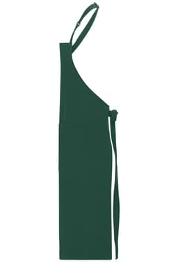 A dark green apron with a bib, featuring adjustable straps and a waist tie. It has a simple design and no visible branding.