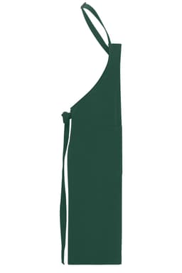 A green apron with bib design, featuring adjustable straps and a tie at the waist. It includes a logo on the front.