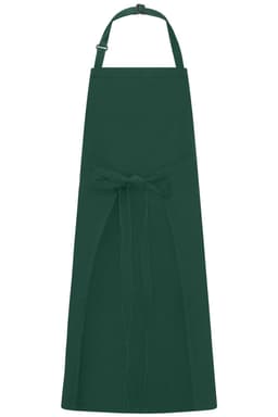 A dark green apron with a bib and adjustable neck strap, featuring a waist tie for a secure fit.