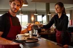A man and woman in black shirts and burgundy aprons serve coffee and food at a stylish café counter.
