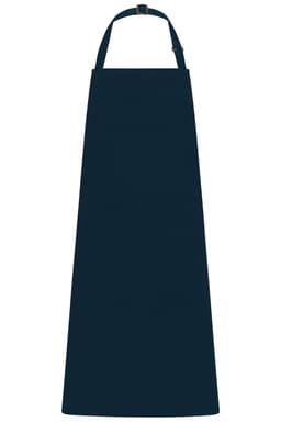 A dark navy apron with a bib and adjustable straps, featuring a logo on the front.