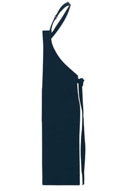 A navy blue apron with a bib and adjustable neck strap, featuring a tie at the waist and a logo.