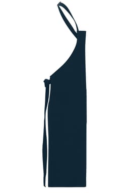 A dark navy blue apron with a bib and ties on the side, featuring a simple design.