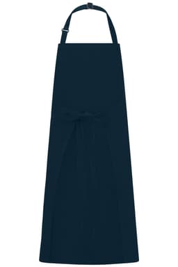 A dark navy apron with a bib and tie, featuring an adjustable neck strap and a smooth design.