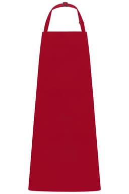 A red apron with a bib, featuring straps for wearing. The apron has a simple, solid design.