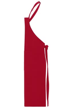 A red apron with a bib and adjustable straps, featuring a tie at the waist and a simple design.
