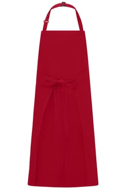 A red apron with a bib and a bow tie at the waist, featuring an adjustable neck strap and a logo.