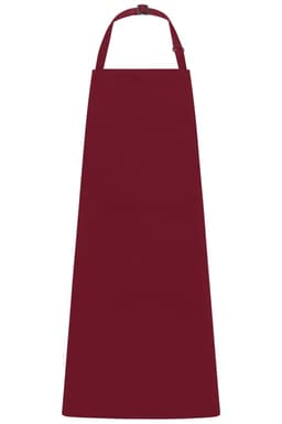 A maroon apron with a bib, featuring an adjustable neck strap and a logo.