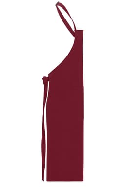 A burgundy apron with a bib and tie, featuring a logo on its surface.