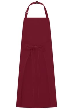 A burgundy apron with a bib and a waist tie, featuring a logo at the top.