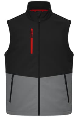 A softshell vest in black and grey, featuring a zippered front and side pockets, with a red zipper accent.