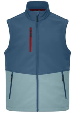 A softshell vest featuring a blue upper section and light blue lower section, with a zippered chest pocket and side pockets.