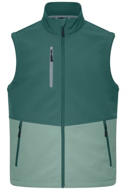 A workwear softshell vest in dark green and light green, featuring a zippered front and pockets. It has a logo.